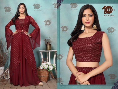 Georgette Sequins Party Wear Maroon Trendy Indo-Western Ladies Long Skirt General Medicines