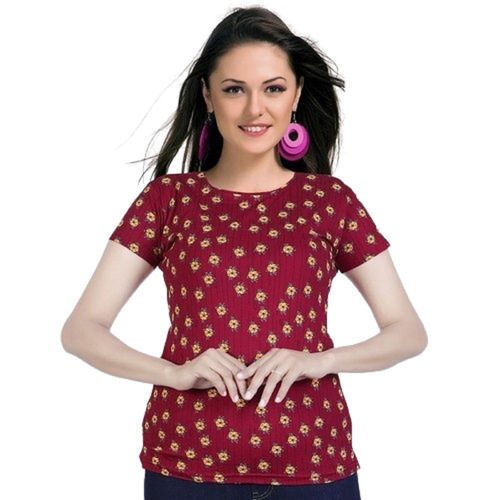 Ladies Red Color Short Sleeves Printed Casual Cotton Top