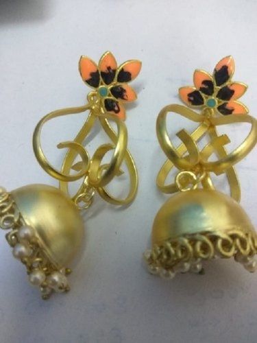 Orange And Green Color Brass Material Jhumki Style Earrings For Party Wear