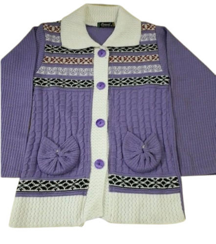 Purple With White Women Cardigan Sweater