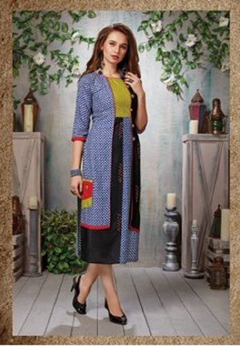 3/4 Sleeve Casual Wear Straight Printed Blue Color Ladies Cotton Kurti