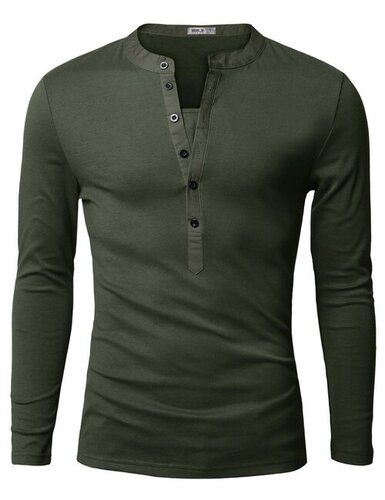 Men Round Neck Button Down Full Sleeves Olive Green Cotton T-Shirt Collar Style: Classic