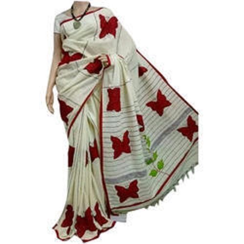 White And Red Handwoven Style Printed Pattern All Season Festive Wear Cotton Saree