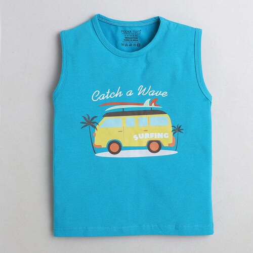 Casual Wear Sleeveless Round Neck Blue Printed Cotton Kids T-Shirt