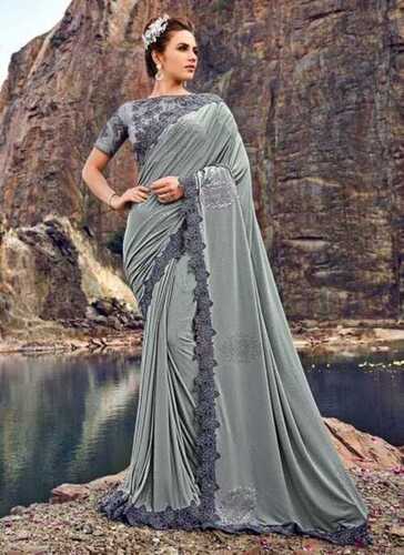 Ethnic Grey Heavy Embroidery Work Cotton Silk Ladies Sarees, With Blouse Piece