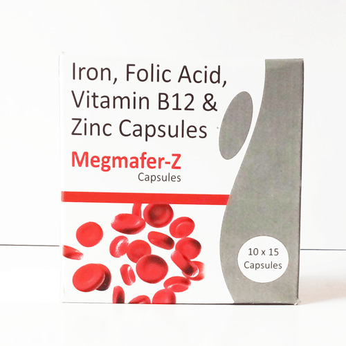 Megmafer-z आयरन कार्बोनी, फोलिक एसिड, विटामिन B12 और जिंक सल्फेट कैप्सूल, 10x15 पैक