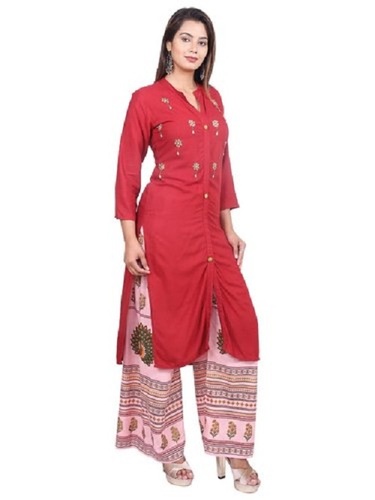 स्किन फ्रेंडली एंटी श्रिंक रेयॉन पलाज़ो और कुर्ती सेट