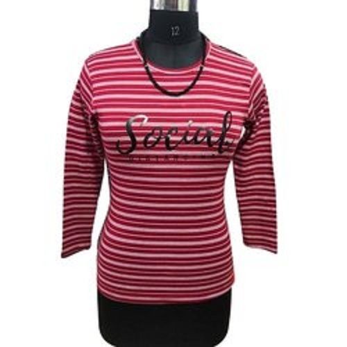 Red And Black Striped Full Sleeve O Neck Cotton Casual T Shirt For Girls 