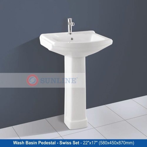 Swiss Set Pedestal Wash Basin - Rectangular Ceramic 22x17 Inch | Eco-Friendly, Easy To Clean, Elegant Look, Scratch Resistant, Polished Surface