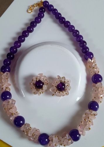 Rose Quartz And Amethyst Crystal Necklace With Earrings