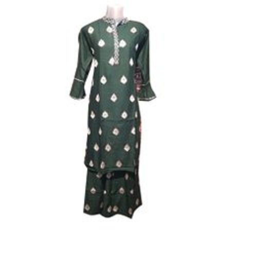 Green And Golden Beautiful Classic Style Rayon Stitched Ladies Palazzo Suit Casual Dress