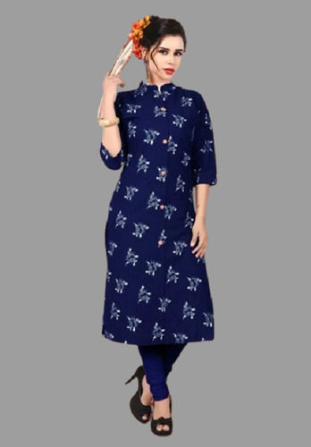 3/4th Sleeve Stitched Printed Cotton Straight Ladies Kurti For Formal Wear