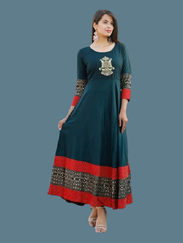 Silver Comfortable 3/4Th Sleeve Anarkali Rayon Ladies Kurtis Use For Party Wear