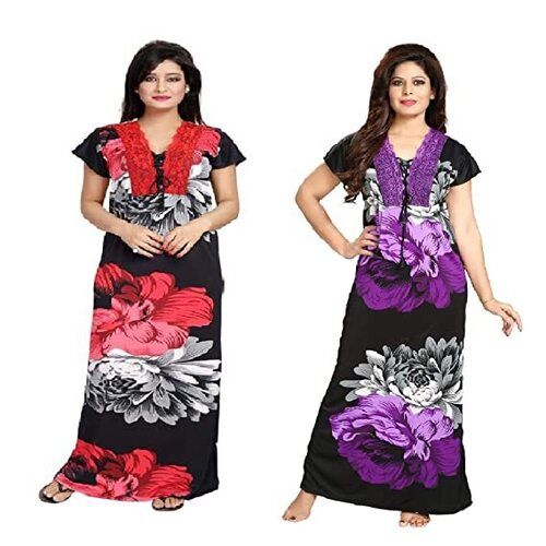 Ladies Multi Color Cotton Long Length And Short Sleeves Nighty