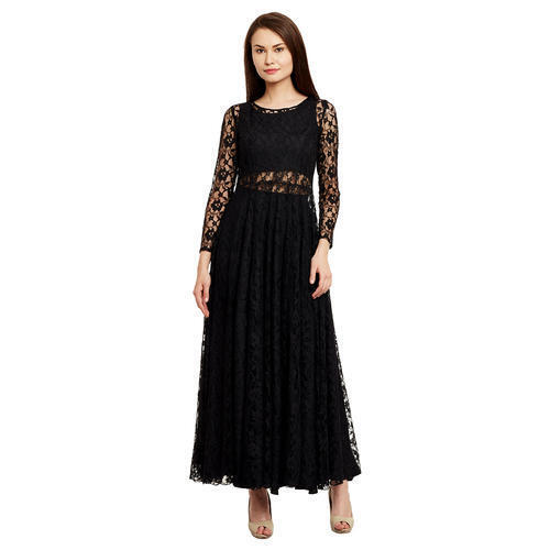 Round Neck Full Sleeves Net And Silk Fabric Ladies Dress For Party Wear