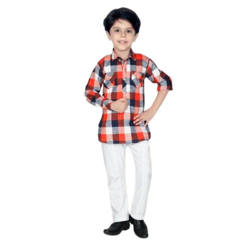 Comfortable Check Design Modern Style Full Sleeve Cotton Kurta Pajama For Kids