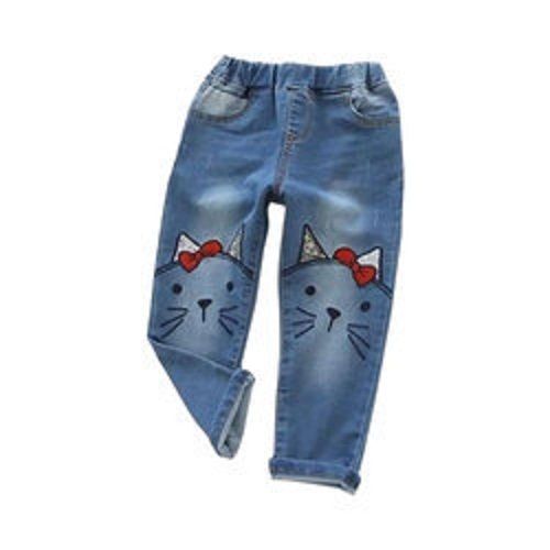 Washable Regular Fit Embroidered Denim Sky Blue Jeans For Kids Girls