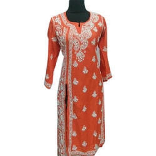 Orange Chikankari Handwork Embroidery Royal Chikan Designer Ladies Kurti