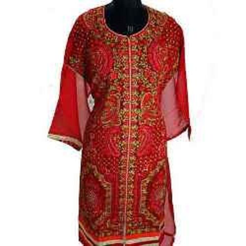 Red Pure Cotton Georgette Polyester Embroidery Work Ladies Designer Kurti