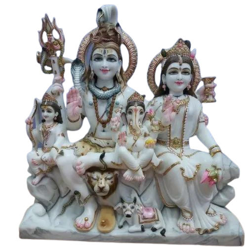 1.5 Foot Durable Paint Coated Hand Carved Marble Lord Shiva Family Statue