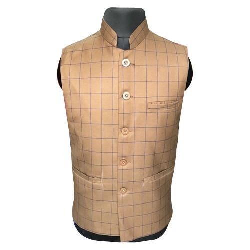 Check Print Polyester Nehru Jacket With Sleeveless And Three Pockets Age Group: Up To 45