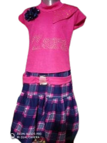 Multi Color Fancy Casual Wear Round Neck Cotton Skirt Top Set For Girls