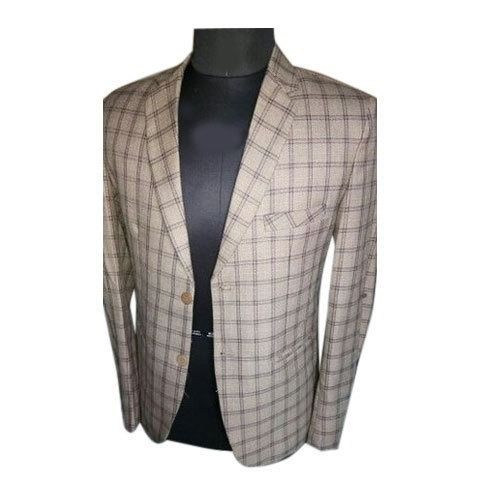 Light Brown Comfortable Check Pattern Western Style Formal Cotton Mens Blazers With Long Sleeves