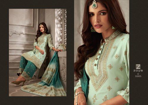 Dry Clean Wash Embroidered Work Silk Fabric Semi Stitched Palazzo Salwar Suit