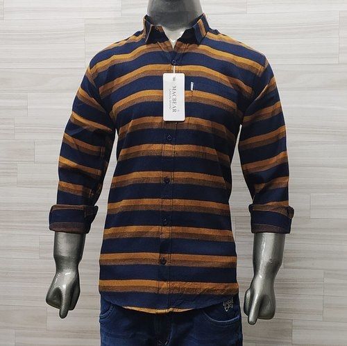 Golden Regular Fit Casual Wear Full Sleeves Collar Neck Stripes Mens Cotton Shirt