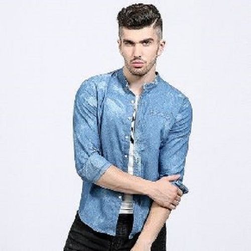 Golden Men Regular Fit Full Sleeves Party Wear Blue Plain Dyed Denim Shirt