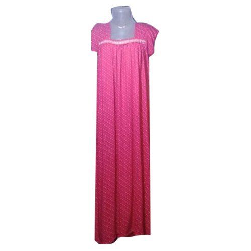 Pink Short Sleeves Cotton Materail Made Plain Pattern Nightgown For Ladies