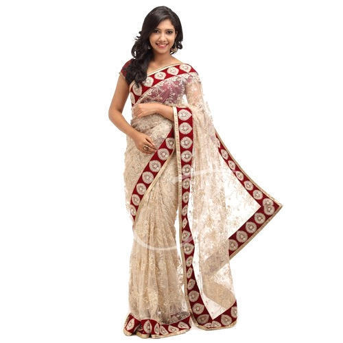 White And Red Bollywood Style Patch Work Net Embroidered Party Wear Saree