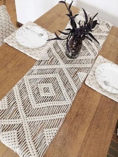 14 x 78 Inch Rectangular Handmade Cotton Macrame Knotted Table Runner