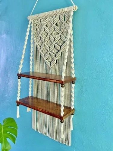 17 x 40 Inches Pine Wood and Macrame Handmade Wall Hanging Shelf 