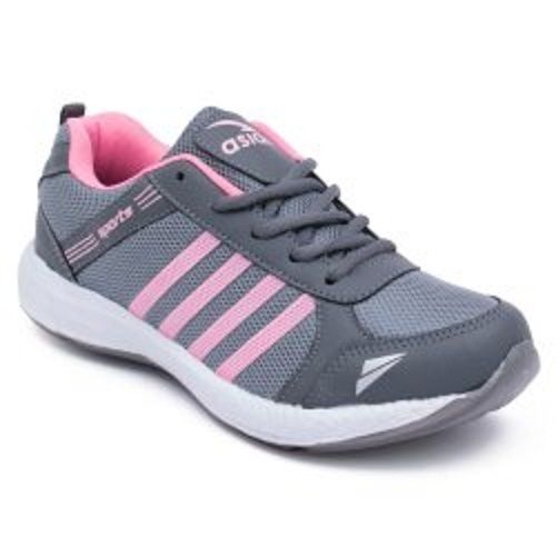 Grey And Pink Anti Slip Lightweight Round Toe Pull-On Sports Running Mesh Shoes For Ladies