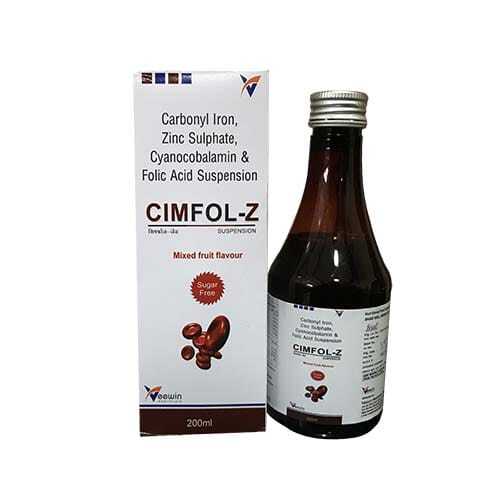 Light Brown Cimfol-Z Carbonyl Iron, Zinc Sulphate, Cyanocobalamin And Folic Acid Syrup, 200 Ml