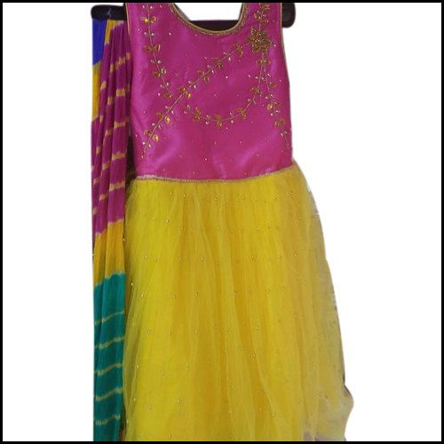 Girls Polyester Pink And Yellow Party Wear Frock