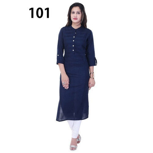 Long Sleeve Casual Ladies Plain Blue Cotton Kurti