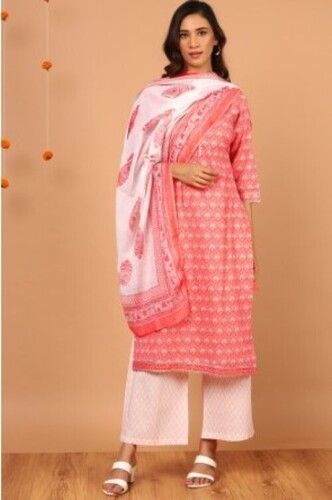 Women's Pink Cotton Kurta With Palazzo And Dupatta