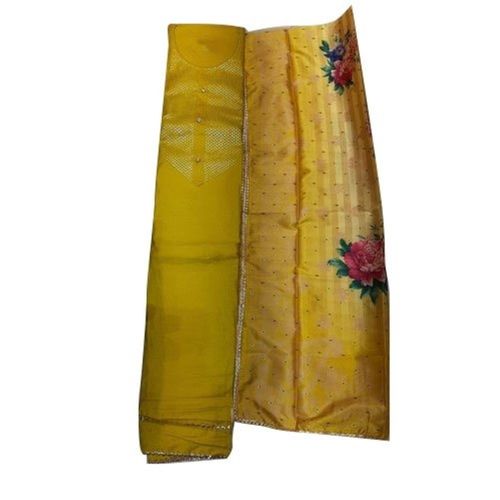 Yellow Floral Printed Cotton Silk Unstitched Salwar Suit With Full Sleeves For Ladies