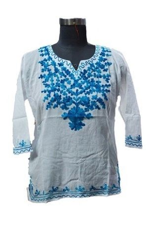 Silver Ladies Embroidered Full Sleeve Round Neck Kashmiri Cotton Party Wear Tops