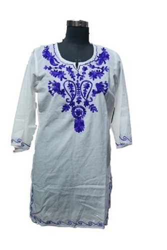 Washable Ladies Embroidered Long Sleeve Round Neck Cotton Casual Kashmiri Kurtis