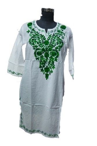 Washable Ladies Embroidered Round Neck Long Sleeve Cotton Casual Kashmiri Kurtis