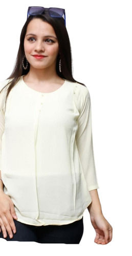 Ladies Plain Chiffon 3/4th Sleeves Round Neck Casual Wear Long Tops