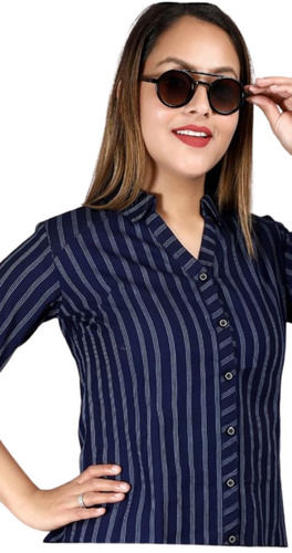 Casual Wear Straight Collar Full Sleeves Stripe Pattern Ladies Cotton Shirts