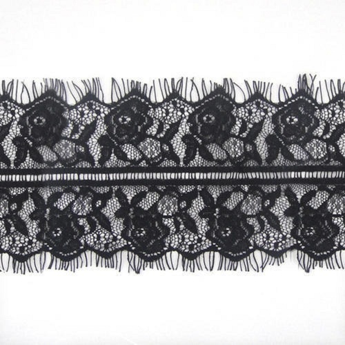 12 Centimeter Width 1.2 Meter Long Flower Embroidered Designer Lace - Nylon Material, Black Color, One-Sided, Intricate Sequin Embellishment