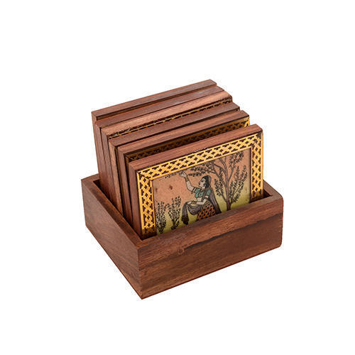 Hand-crafted Natural Wood Painted Square Shape Coaster 6 Pieces Set
