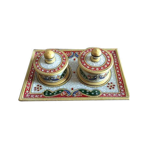 Round Shape Decorative Marble Supari Pot Set With Tray for Home Decor