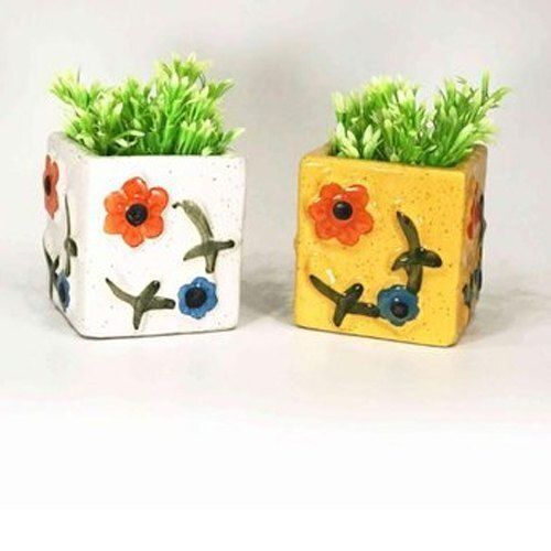 White Square Ceramic Flower Pots With Glossy Surface Finish