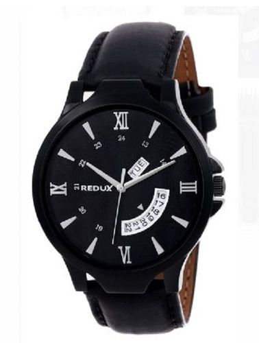 Party Wear Stainless Steel Round Analog Wrist Watch With Leather Strap 